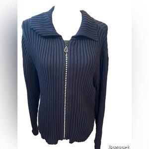 Nancy Knits Cardigan Sz L Black Rhinestone Zipper Collar Long Sleeve Ribbed